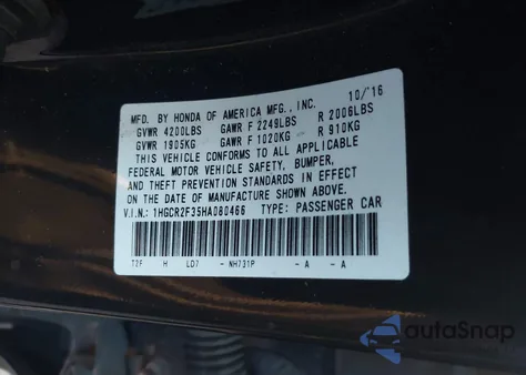 2017 Honda Accord Lx из США, поврежденный, VIN 1HGCR2F35HA080466